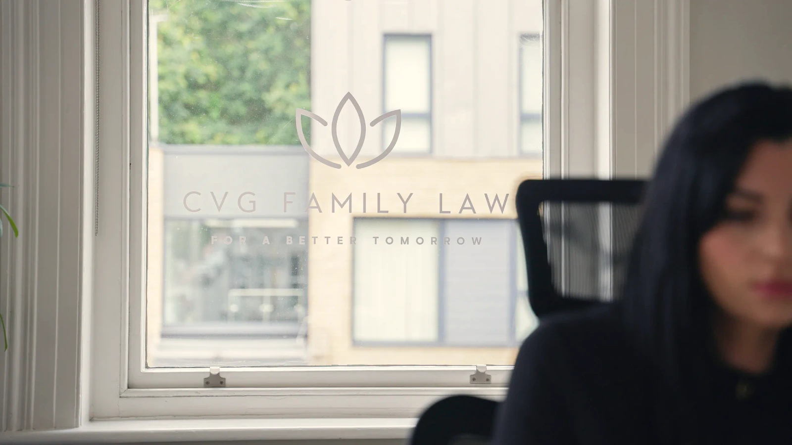 CVG Family Law signage etched on the office window